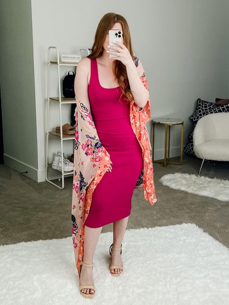 Spring outfit from amazon. Date night outfit. Knit dress size large with shapewear. Floral kimono. Spring dress. 

#LTKSeasonal #LTKunder50 #LTKstyletip