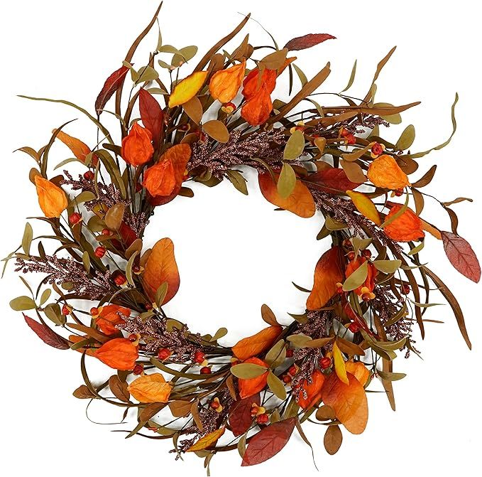 Artificial Fall Wreath Autumn Door Wreath with Cape Gooseberry,Eucalyptus Leaf,Magnolia Leaf,Grai... | Amazon (US)