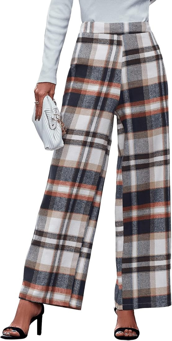 SweatyRocks Women's Casual Plaid Print Pants High Waisted Wide Leg Trouser Pants | Amazon (US)
