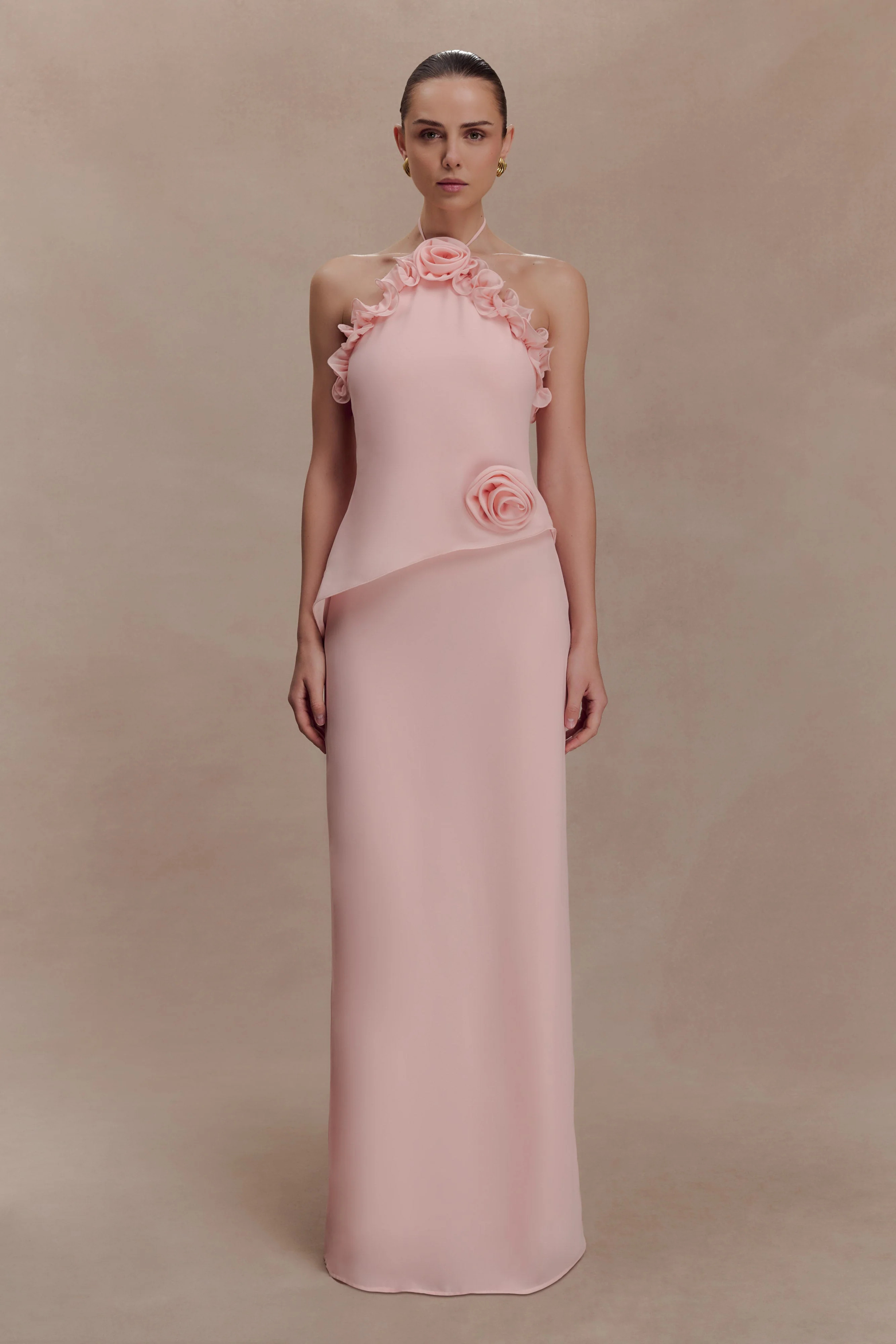 Melissa Chiffon Flower Maxi Dress - Baby Pink | Meshki UK