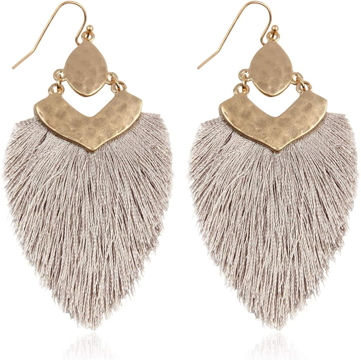 Bohemian Silky Thread Fan Fringe Tassel Statement Earrings - Lightweight Strand Feather Shape Dan... | Amazon (US)