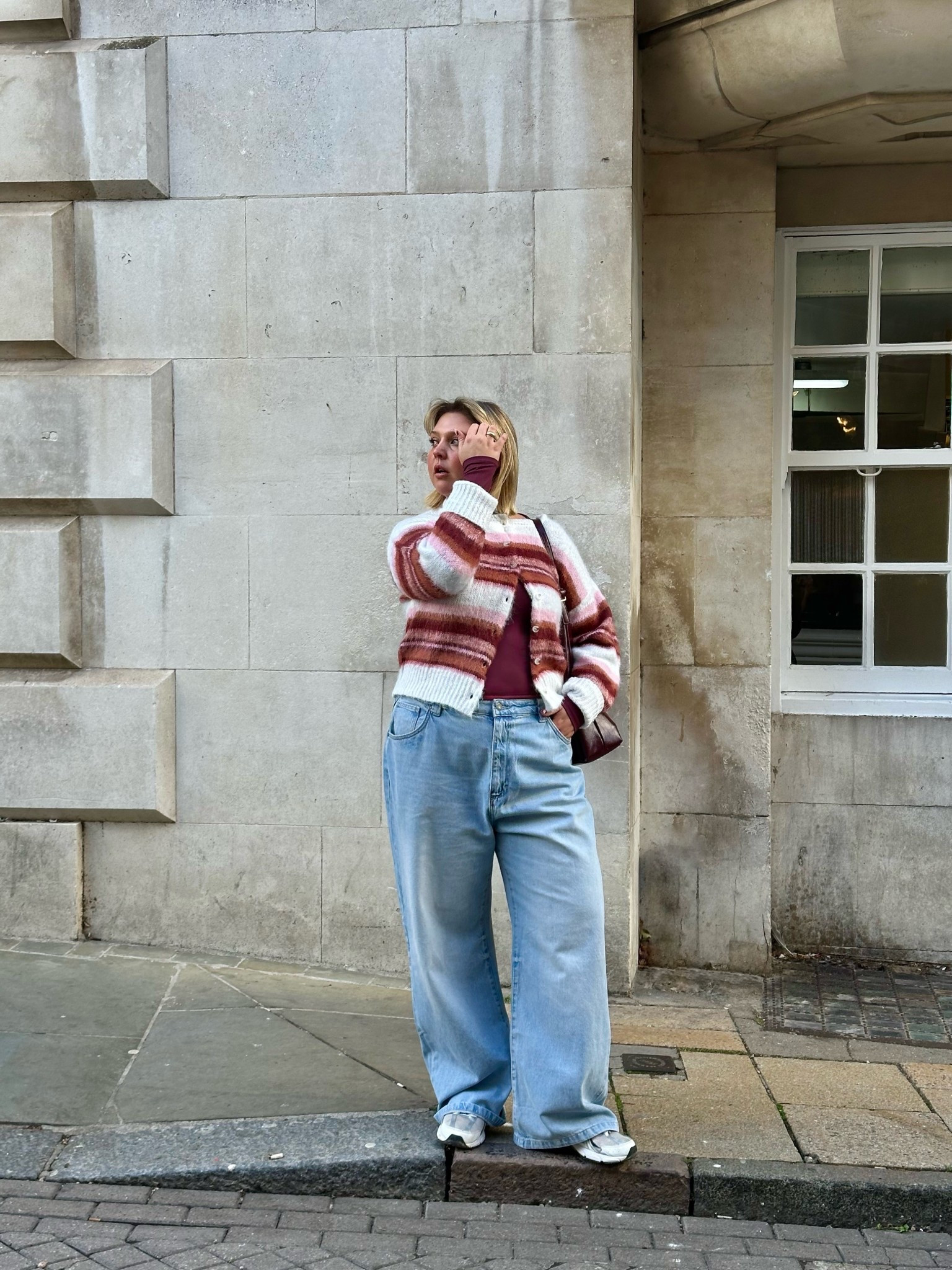 Cosy casual midsize outfit featuring super baggy jeans,  burgundy top & a cute cardi. 

#LTKmidsize #LTKautumn