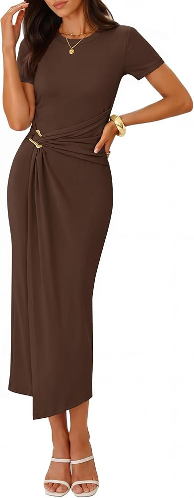 ZESICA Women's 2026 Summer Short Sleeve Bodycon Midi Dress Crewneck Ruched Wedding Guest Cocktail... | Amazon (US)