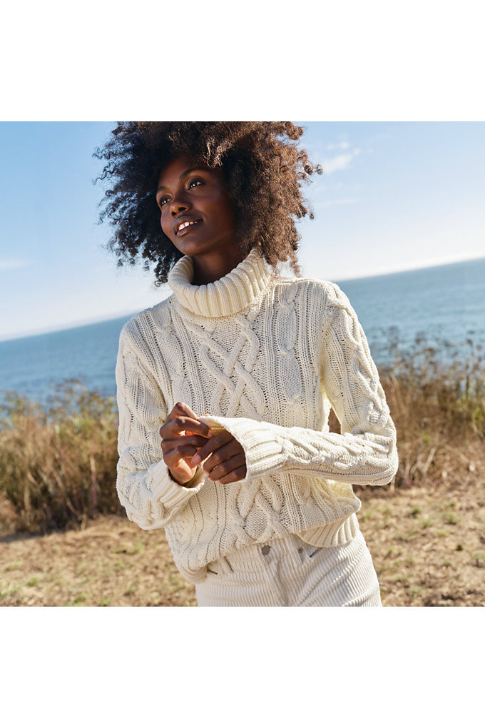 Women's Drifter Cable Turtleneck Sweater - Lands' End - Ivory - M | Lands' End (US)