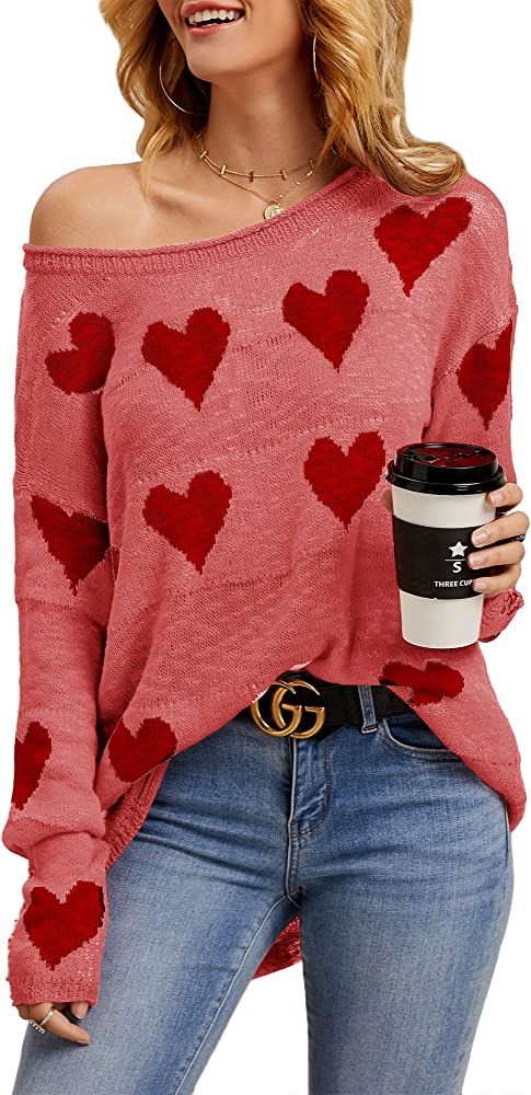 Chang Yun Women Off Shoulder Knitted Pullovers Sweater Loose Long Sleeve Hearts Printed Ripped To... | Amazon (US)