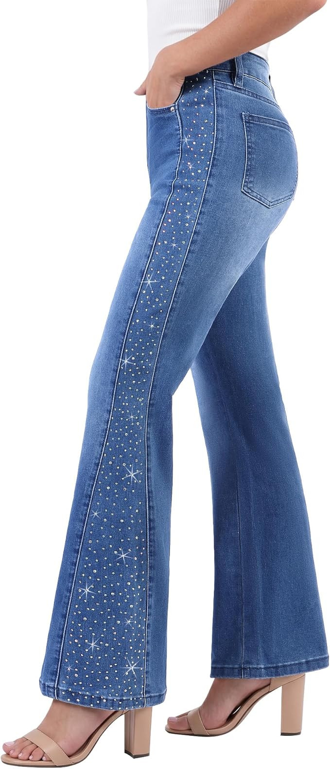 GRAPENT Flare Jeans for Women High Waisted Trendy Wide Leg Embellished Rhinestone Sparkly Concert... | Amazon (US)