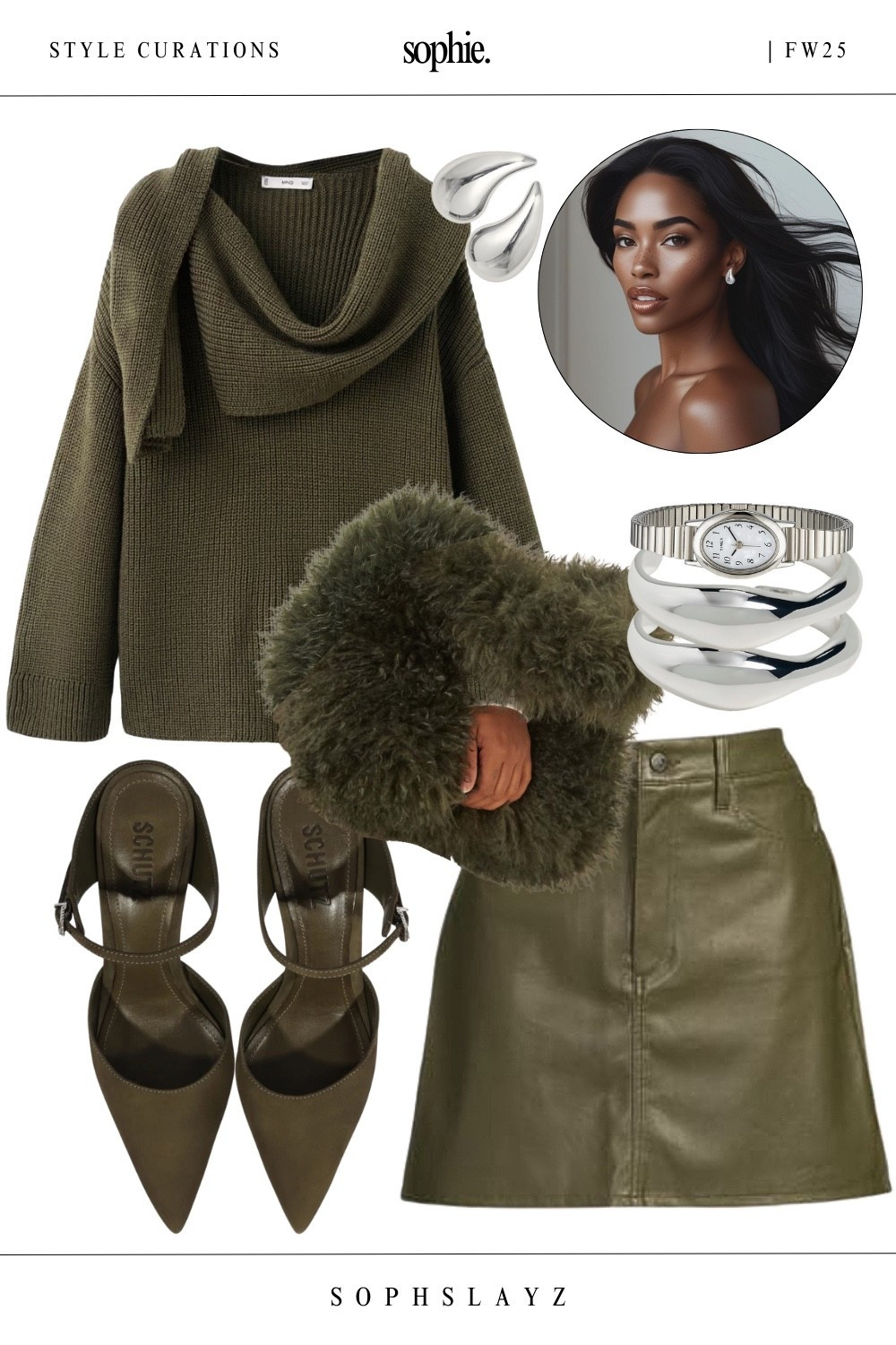 This look: olive knit sweater with draped scarf detail, leather mini skirt, fluffy fur clutch bag, pointed toe strappy heels, and a silver bracelet stack. 
It’s the softest flex in your wardrobe. Wear this for a cozy date night, shopping in style, or dinner with the girls.

🔎 leather mini skirt outfit, tonal olive outfit, green fall outfit, fall outfit, fw25, winter date outfit, knit sweater outfit, outfit inspo, outfit ideas



#LTKootd