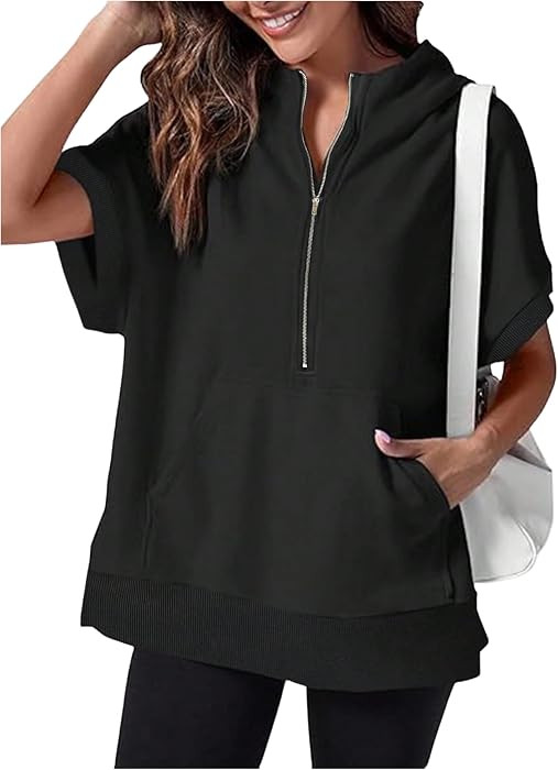 SweatyRocks Women's Oversized Half Zip Hoodies Short Sleeve Split Sweatshirts Pullover Tops with ... | Amazon (US)