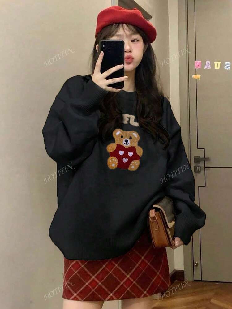 Women's Loose Fit Bear Print Pullover Sweater With Cozy Christmas Vibes, Long Sleeve Knitted Crew Neck Top For Autumn Winter, For Daily Wear, School, Outdoor Wear, Long Sleeve Top,Cute,Schoolclothes | SHEIN