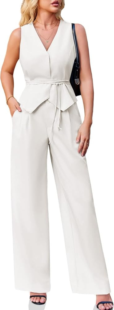 Cicy Bell Womens 2 Piece Outfits V Neck Tie Waist Blazer Vest and Wide Leg Business Casual Suit P... | Amazon (US)