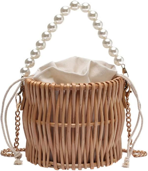Natural Handwoven Wicker Handbag Straw Purse for Women Pearl Hand Woven Handbag Beach Bag Wicker ... | Amazon (US)