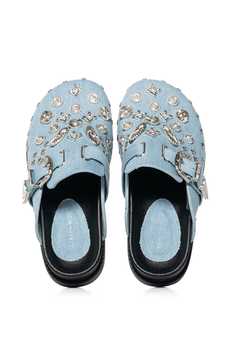 AZALEA WANG MOHSIN DENIM EMBELLISHED CLOG | AKIRA