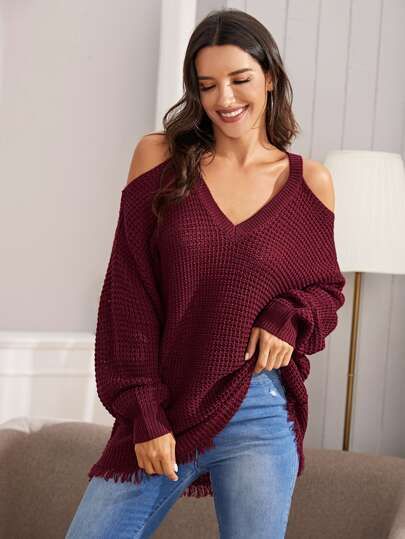 Cold Shoulder Raw Hem Waffle Knit Sweater | SHEIN