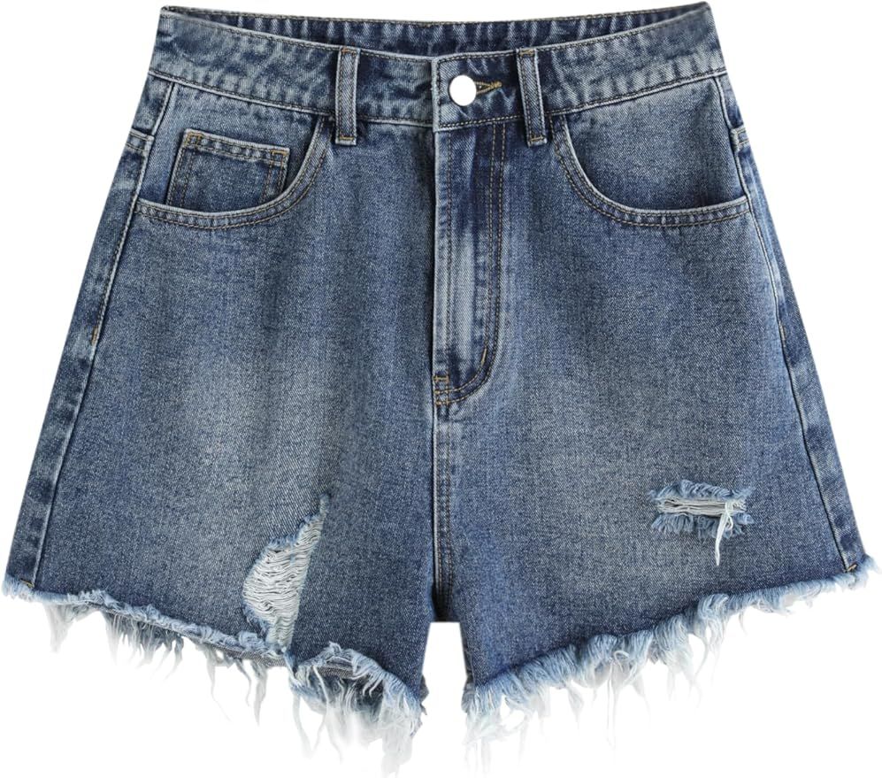 CIDER High Waist Ripped Washed Denim Shorts | Amazon (US)