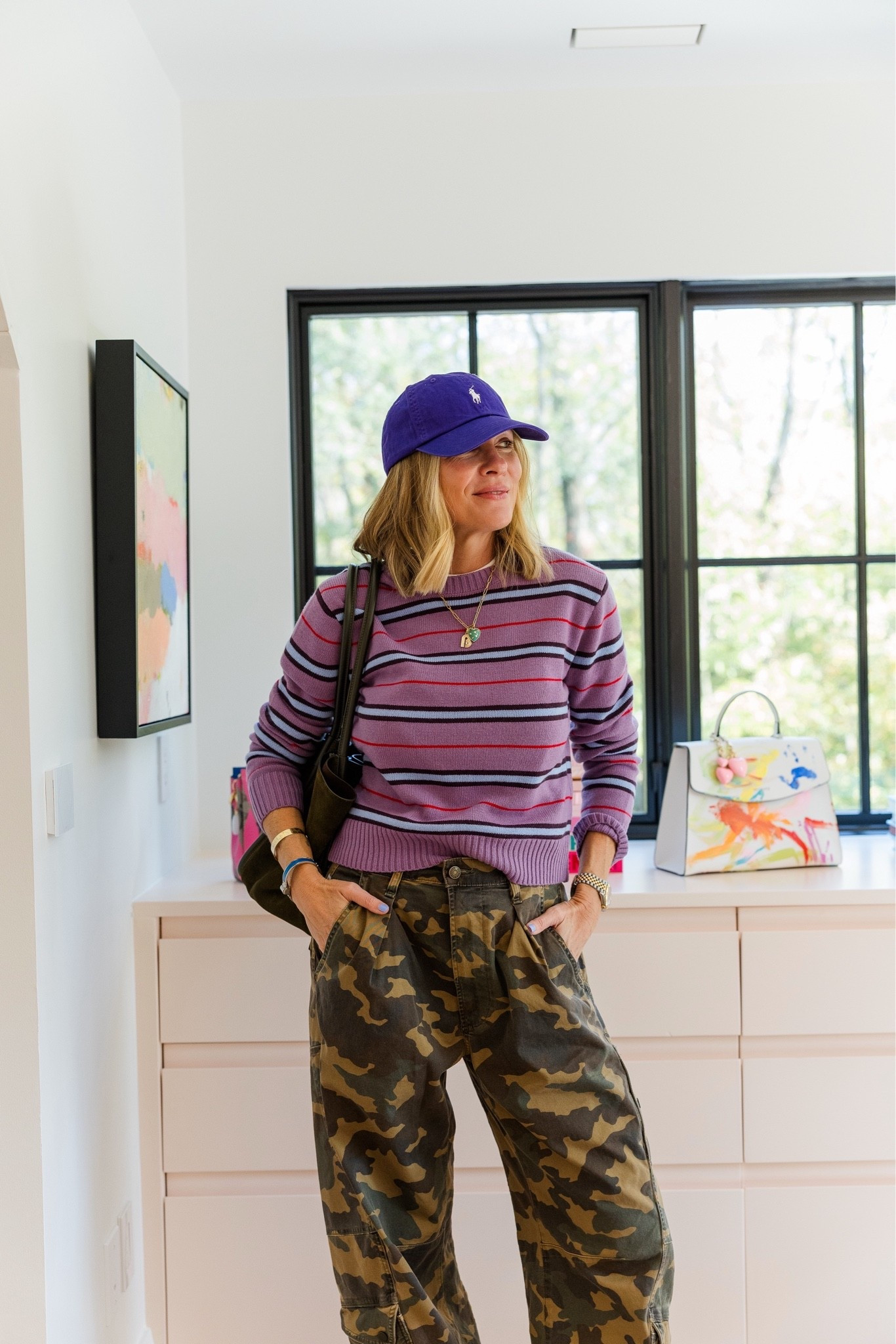 @Madewell stripes + camo 💜💚
Wearing a med in sweater—-pants fit TTS with a relaxed fit