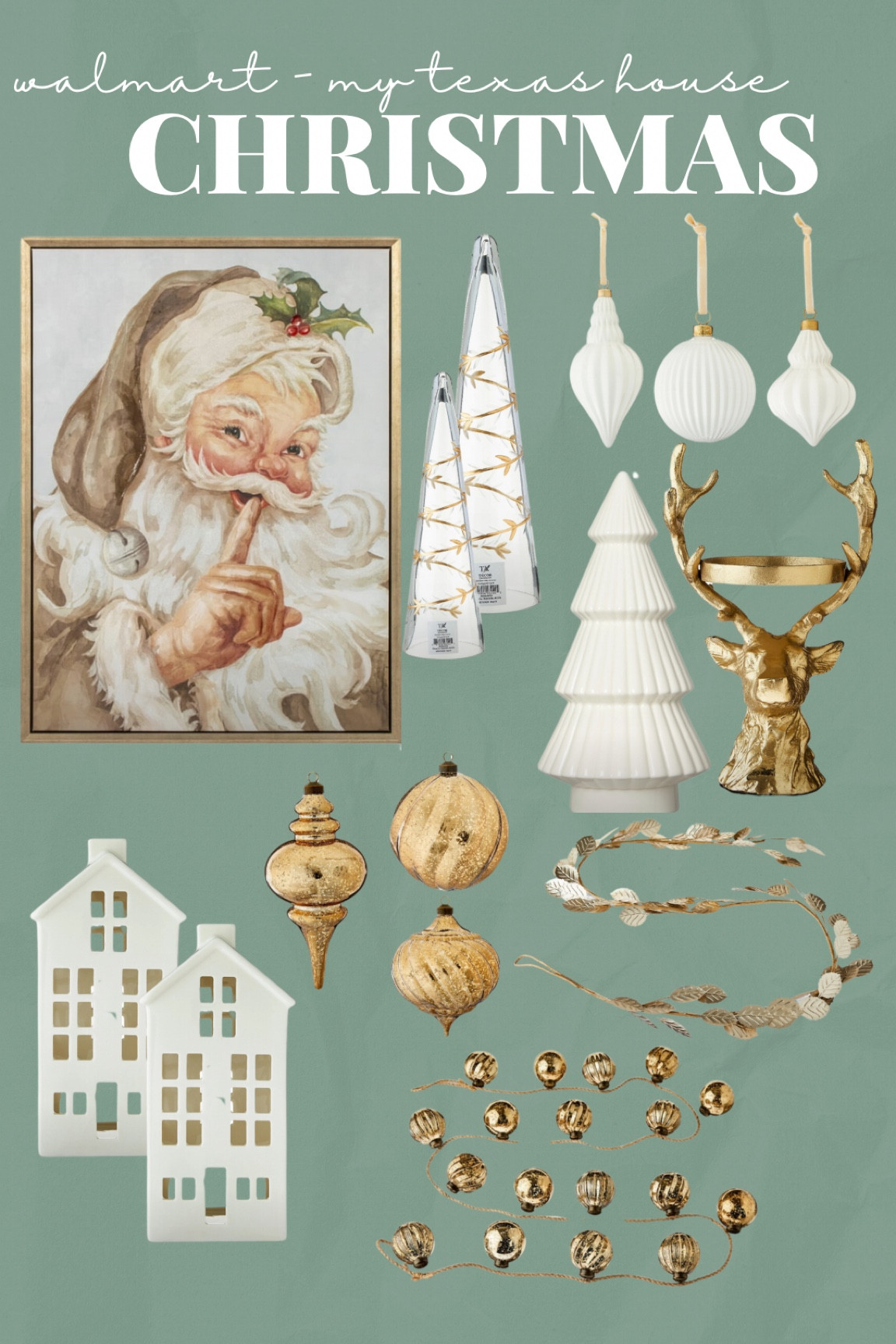 New at Walmart - my Texas house Christmas collection! 
My Texas house holiday - Santa art - Santa picture - gold ornaments - gold garland - white ornaments - white and gold Christmas - Christmas garland - Christmas pillows - gold deer candle holder 

#LTKHome #LTKSeasonal #LTKFindsUnder100