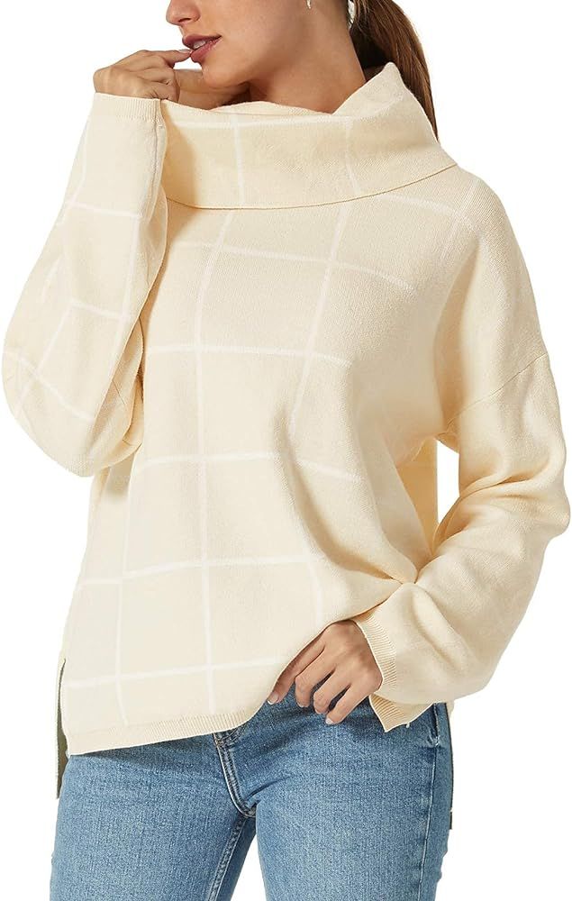 2021 Fall Sweaters for Women Turtleneck Knit Sweater Long Sleeves Pullover Plaid Side Split Checked  | Amazon (US)