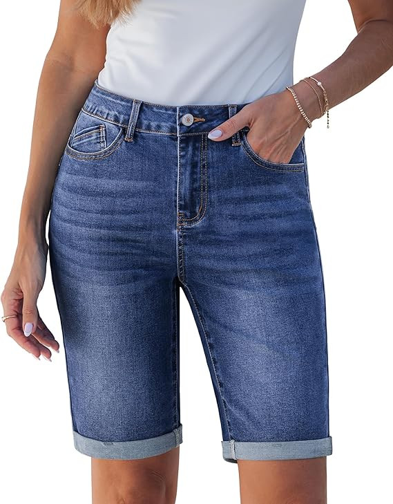luvamia Bermuda Jean Shorts for Women Knee Length High Waisted Trendy Cuffed Hem Long Stretchy De... | Amazon (US)