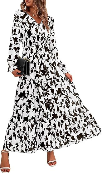 BTFBM Women Fall Dresses 2024 Casual Long Sleeve V Neck Maxi Dresses Floral Boho Long Dress Weddi... | Amazon (US)