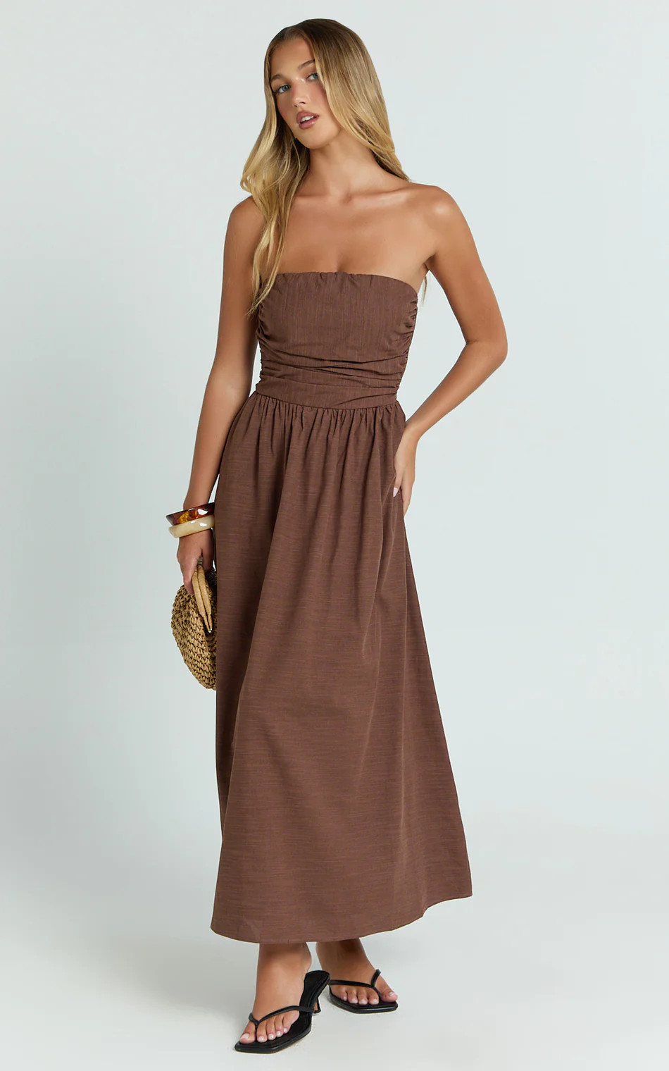 Polly Midi Dress - Strapless Ruched Dress in Chocolate | Showpo (US, UK & Europe)