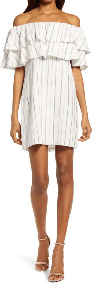 Charles Henry Metallic Stripe Off the Shoulder Popover Dress | Nordstrom | Nordstrom