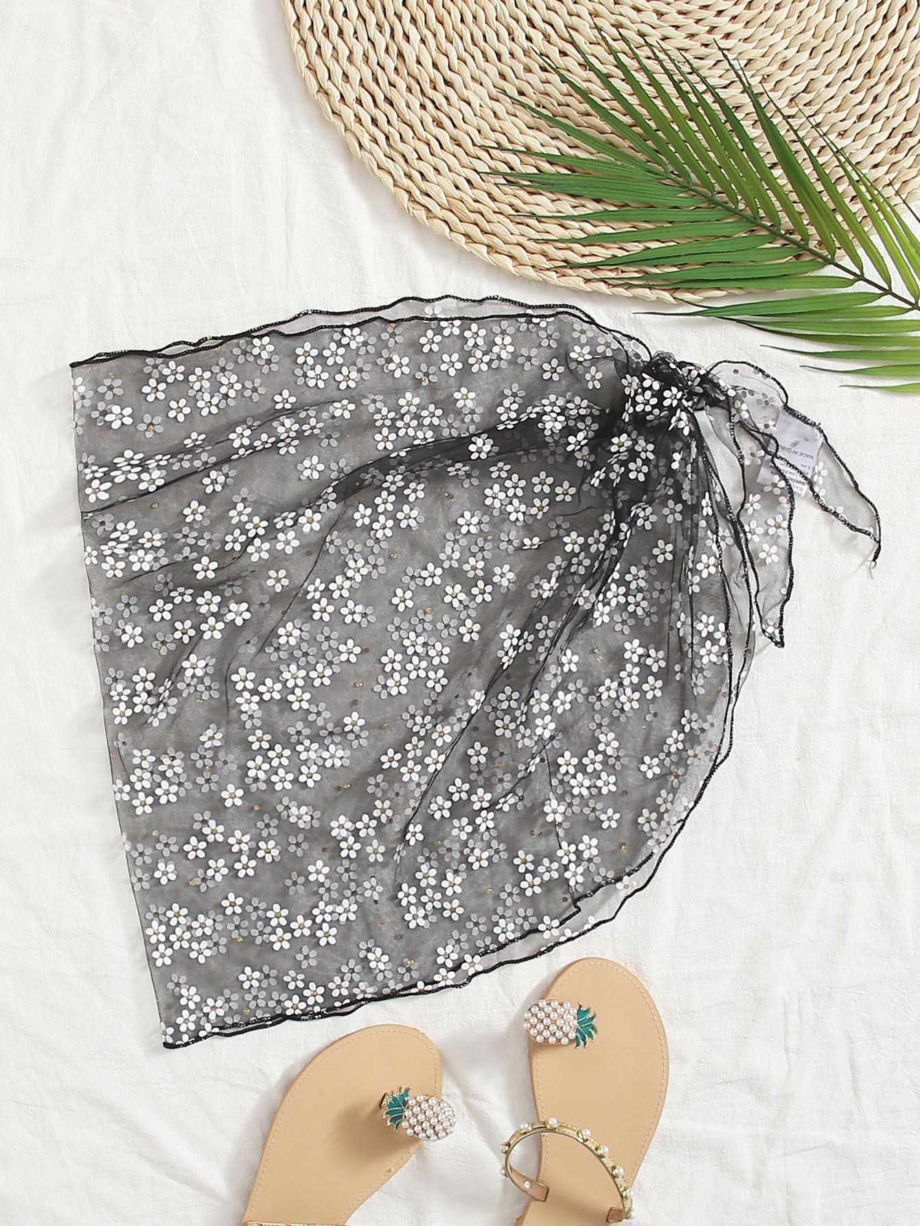 Knot Side Ditsy Floral Sheer Mesh Cover Up Skirt | SHEIN