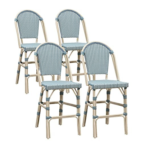 PURPLE LEAF French Counter Height Bar Stool Set of 4 25" White Print Finish Patio Bar Chairs with Back Rattan Bar Chairs French Bistro Set for Kitchen Outdoor Counter Stool Light Blue | Amazon (US)