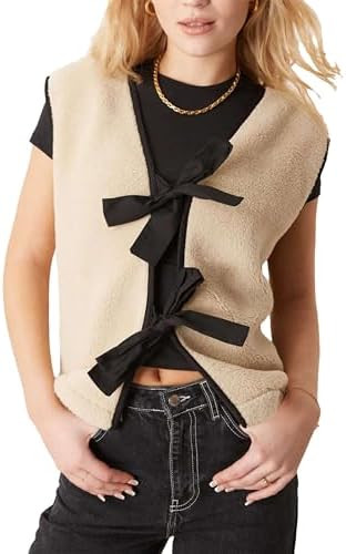 Zontroldy Women's Bow Tie Fuzzy Fleece Vest Sleeveless V Neck Sherpa Jacket Coat Outerwear Vests | Amazon (US)
