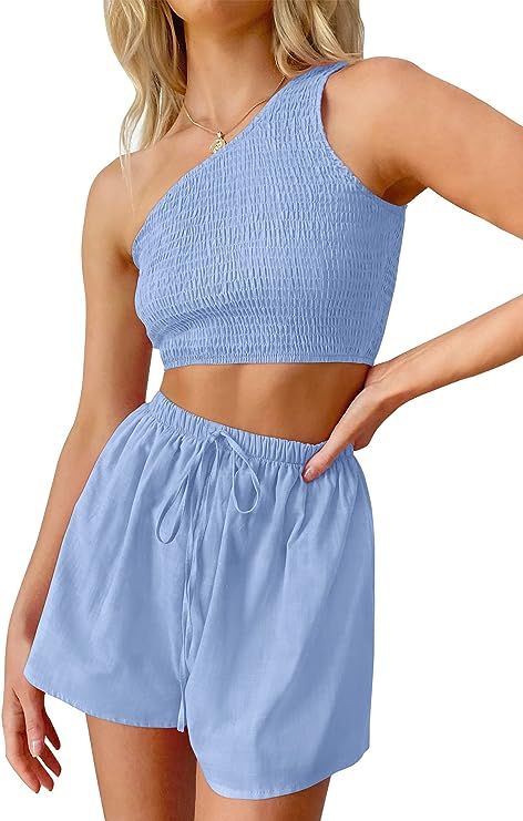 ZESICA Women's 2 Piece Outfits Sleeveless One Shoulder Smocked Crop Top and Drawstring Shorts Lounge | Amazon (US)