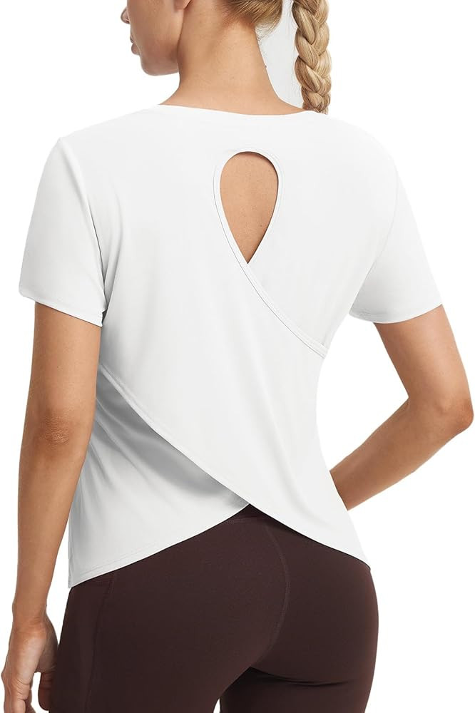 baleaf Women's Short Sleeve Athletic Shirts Open Back Workout Tops Quick Dry Loose Fit Gym Runnin... | Amazon (US)