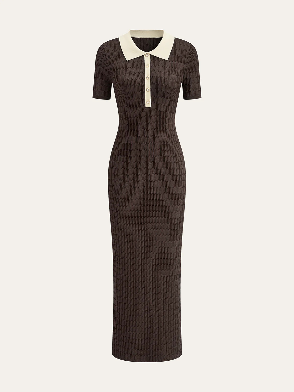 Contrast Collar Cable-Knit Midi Dress | Commense