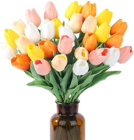 SITUMEIZI Fake Flowers Tulips Artificial PU Flower 15pcs Real Touch 14" for Spring Easter Home Ki... | Amazon (US)