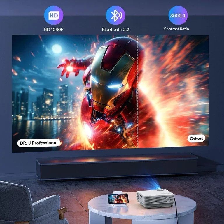 DR. J Professional Mini Projector with Bluetooth 5.2 and Screen, HD 1080P Movies Projector, 200" ... | Walmart (US)