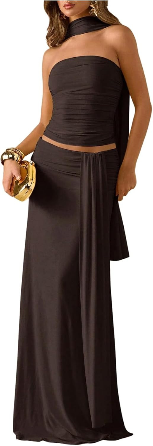 Verdusa Women's 2 Piece Skirt Set Strapless Tube Tops and Maxi Skirt with Scarf Fall Outfits Wedding Guest Formal | Amazon (US)
