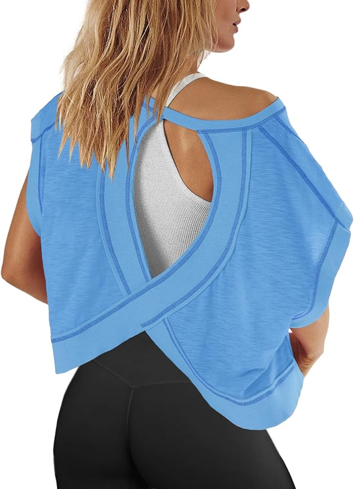 Panadila Womens Open Back Workout Top Oversized Workout T Shirts Backless Athletic Shirt Short Sl... | Amazon (US)