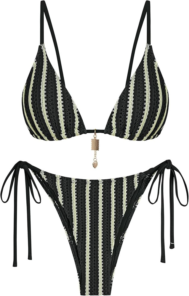 ZAFUL Crochet Bikini Sets for Women Cheeky Boho Bathing Suits Striped Brazilian High Cut Thong Bi... | Amazon (US)
