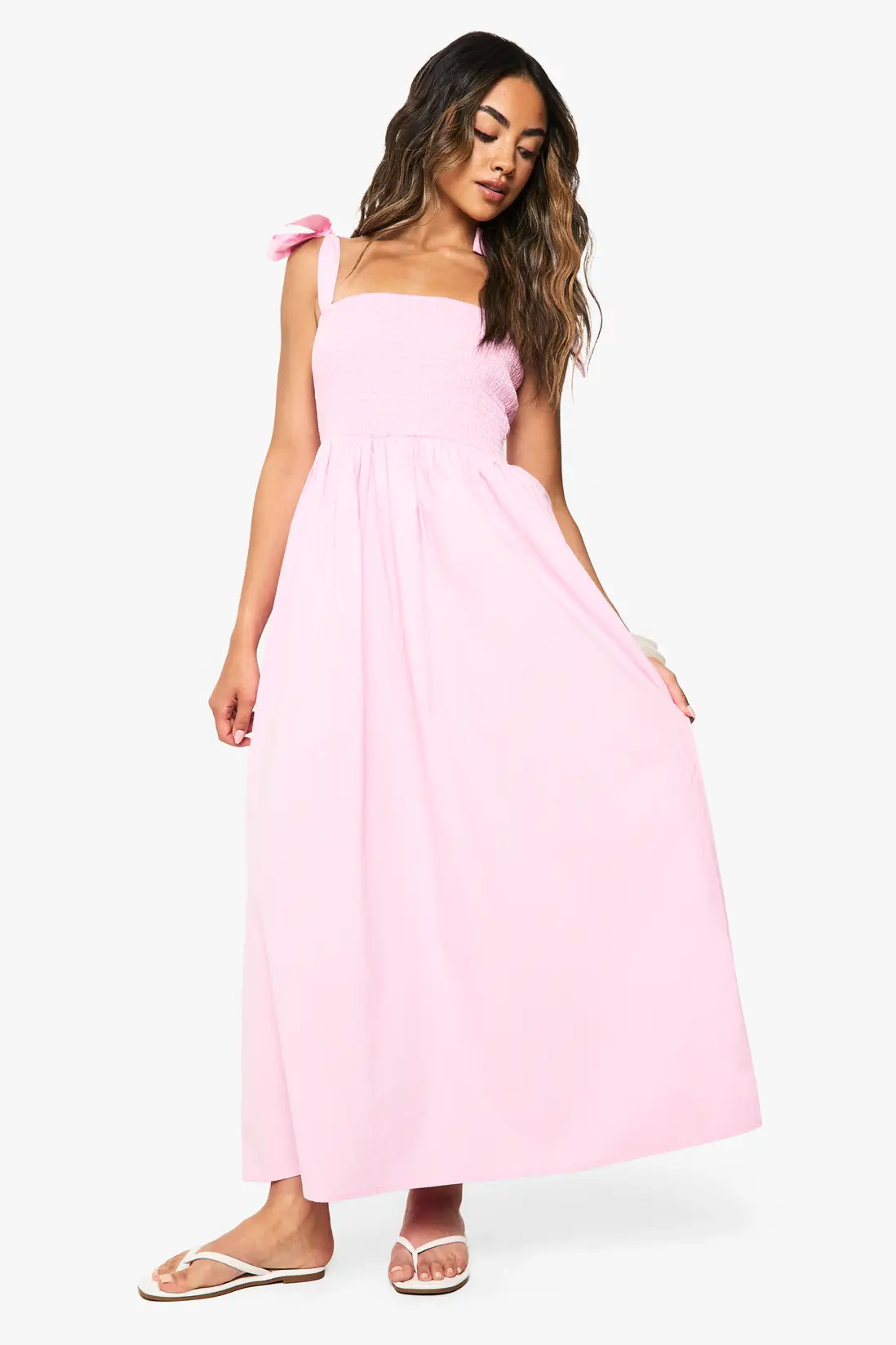 Pink Tie Strap Shirred Poplin Maxi Dress | Boohoo | Boohoo.com (UK & IE)