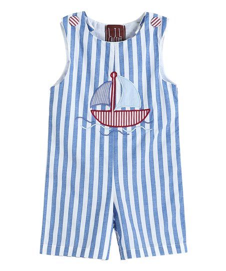 Blue & White Stripe Sailboat Appliqué Shortalls - Infant & Toddler | Zulily