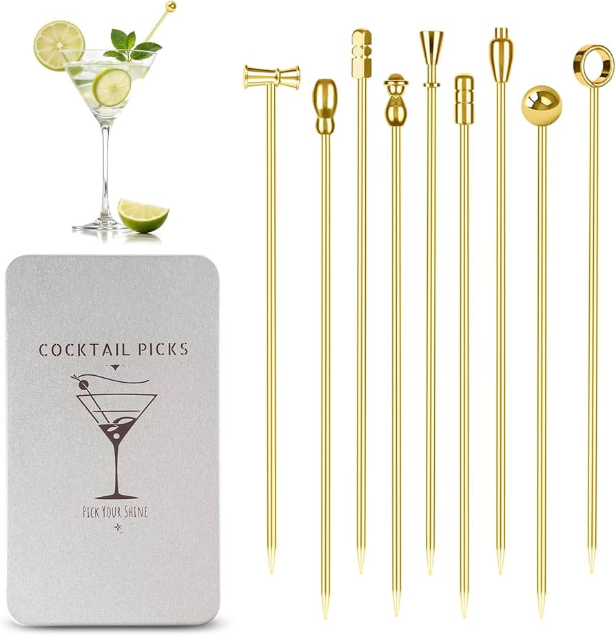 Metal Cocktail Picks, Gold Martini Skewers for Olive 4.2 in to 4.38 in, Stainless Steel Drinks Ga... | Amazon (US)