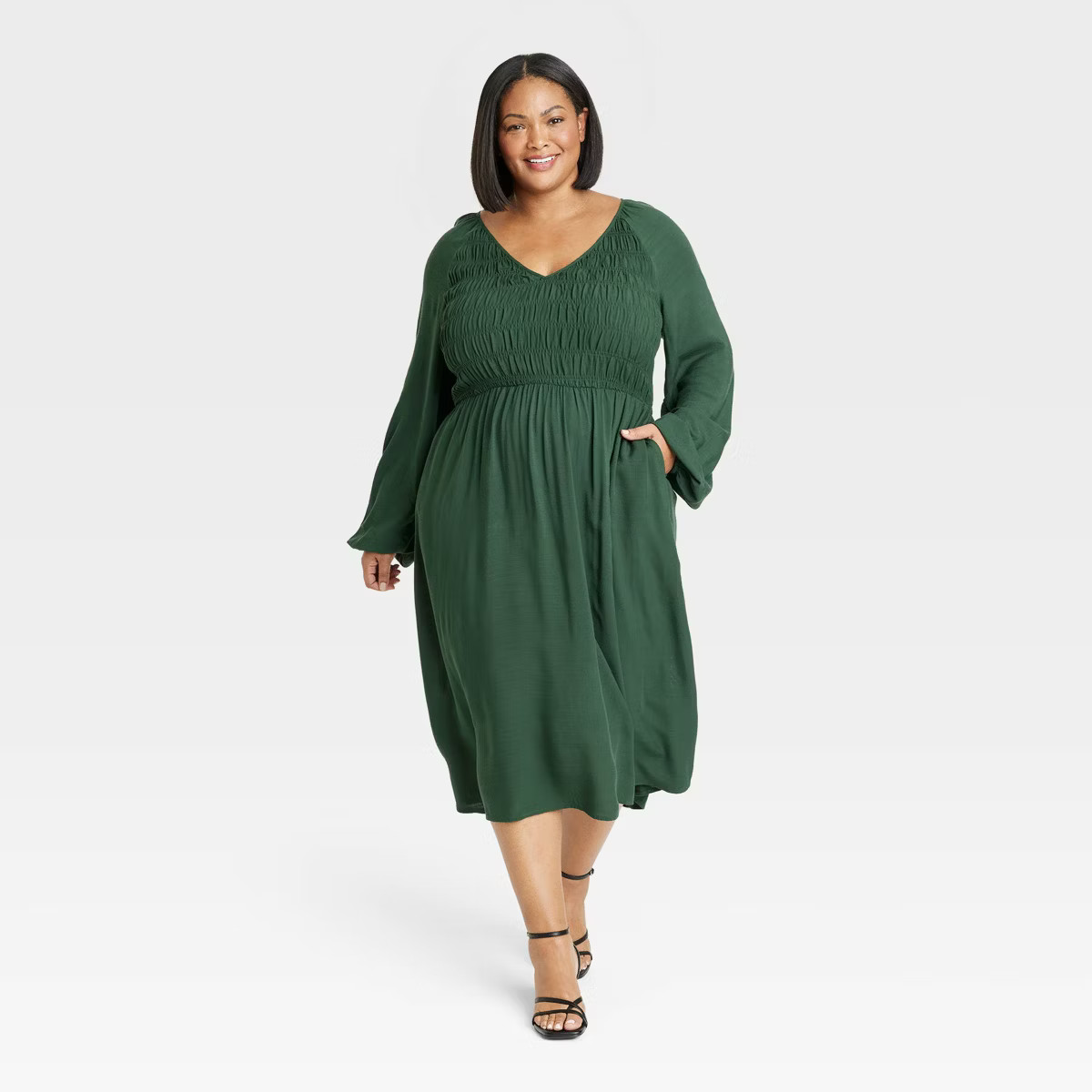 Women's Balloon Long Sleeve Smocked Midi Bodice Dress - Ava & Viv™ | Target