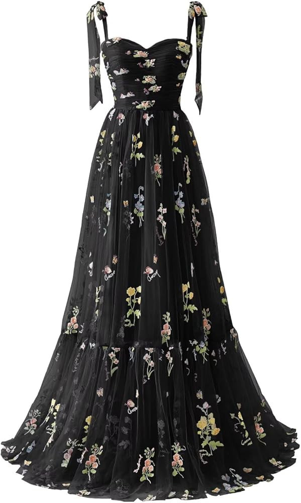Cudiew Flower Embroidery Tulle Prom Dress for Women Formal Floral Ruched Party Gowns Floor Length | Amazon (US)