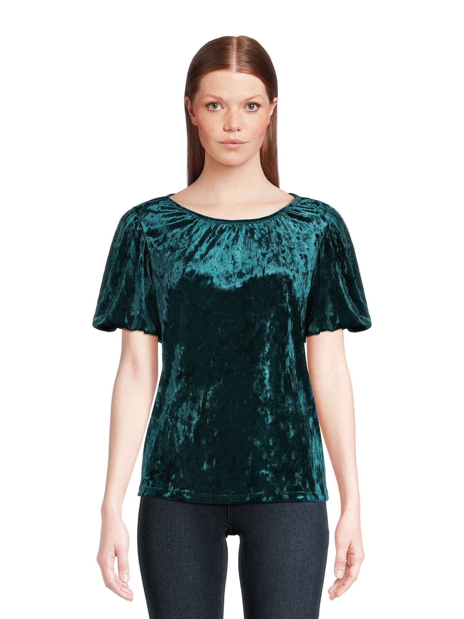 Time and Tru Women's Crushed Velvet Top with Short Sleeves, Sizes XS-XXXL | Walmart (US)