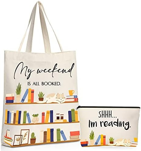 2 Pcs Book Lovers Gifts Bookshelf Tote Bag Makeup Reading Canvas Bag Reusable Book Tote Bag Cosmetic | Amazon (US)