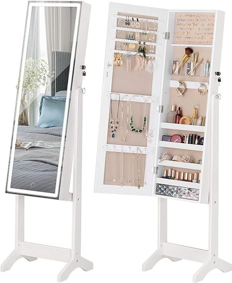 LUXFURNI LED Light Jewelry Cabinet Standing Full Screen Mirror Makeup Lockable Armoire, Large Cos... | Amazon (US)