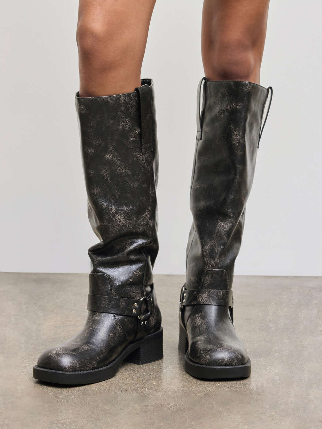BUCKLE DISTRESSED KNEE HIGH BOOTS | Cider