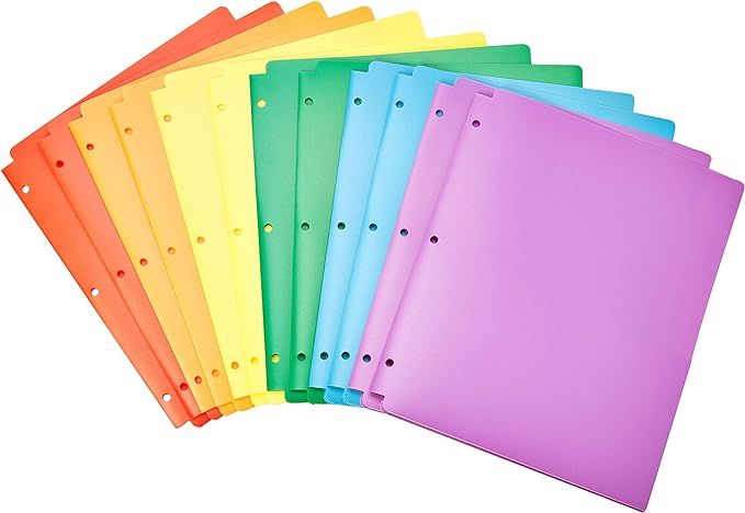 Amazon Basics Plastic 3 Hole Punch Folders with 2 Pockets, Multicolor Pack of 12 | Amazon (US)