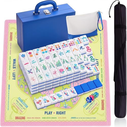 Soulchen 1.2in American Mahjong Tiles Set with Noise Reducing Mat 168 Acrylic Engraved Mahjong Game Tiles with Portable Storage Bags and 4 Dice for Adults Family Friends Collection Travel Game(Blue) | Amazon (US)