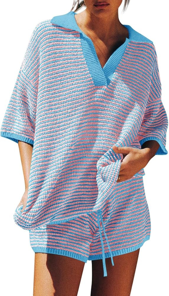 Tankaneo Womens Sweater Set 2 Piece Outfits Oversized 3/4 Sleeve V Neck Knit Tops High Waisted Sh... | Amazon (US)