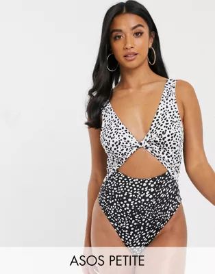 ASOS DESIGN recycled petite twist front cut out swimsuit in mixed mono polka dot | ASOS (Global)