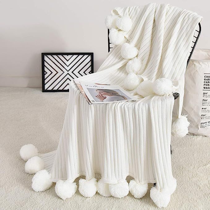 Foomoon Pom Pom Throw Blanket Knit Throw Blankets with Pompom Fringe, 39 x 59 Inch Gifts for Chri... | Amazon (US)